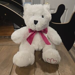 White Teddy Bear with Pink Bow And Hearts